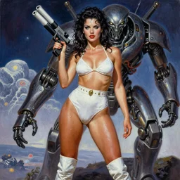 A mixed media portrait painting of a beautiful woman an alien planet, very curvy, aesthetic! high-waisted white-bikini-armor and boots, holding a ray-gun, aesthetic symmetrical face and eyes, model, wet, pacific-rim-mech in background, by Frank Frazetta, Boris Vallejo, Beeple, Greg Rutkowski, Christian MacNevin, eighties-pinup style, epic fantasy character art, high fantasy, CGsociety, exquisite detail, post-processing, masterpiece, cinematic