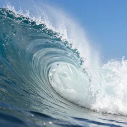 high - speed extreme close - up photography through the perfect long curl of an ocean wave catching the sunlight, water spray, blue sky