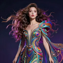 a super realistic young woman, magical, windblown, intricate, synthwave, retrowave, colorful, vibrant, highly-detailed, elegant, dramatic lighting, gorgeous face, lifelike, photorealistic face, long luxurious intricate gown, digital painting, artstation,  illustration, concept art, smooth, sharp focus, art by Jude Palencar, John Collier, artgerm, and Albert Aublet and Krenz Cushart and Artem Demura and Alphonse Mucha
