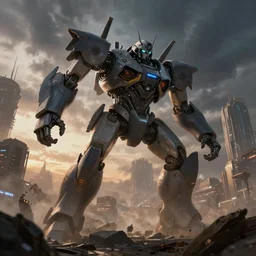 a giant robot attacks a science - fiction city, ominous sky, federico pelat, evening, artstation