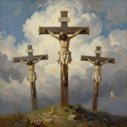 painting of three 1st century empty crucifixion crosses on calvary hill, miraculous cloudy backdrop, by Tony Sart, ArtStation, Detailed, realistic