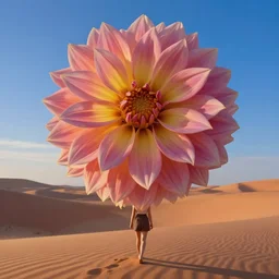 closeup giant dahlia flower shoulders head, girl walking between dunes, surreal photography, sunrise, blue sky, dramatic light, impressionist painting, digital painting, artstation, simon stalenhag