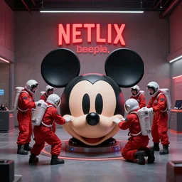 7 stressed futuristic car mechanics in red suits wearing astronaut helmets, operating on a huge mickey mouse doll head in the center of the room! red netflix neon office sign in background, beeple!!, minimal, movie still in in private car garage, dystopian