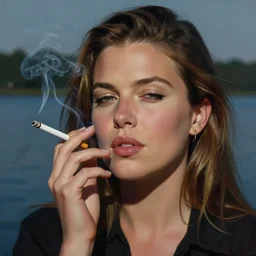 winking mila kunis smoking a cigarette closeup portrait, dramatic light, lake background, 2 0 0 mm focal length, 1 9 7 0 s, painted by stanley lau, painted by greg rutkowski, painted by stanley artgerm, digital art, trending on artstation