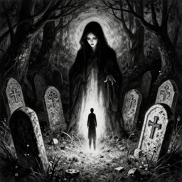 mysterious, phantasmagoric, graves, dark lighting, black and white, traditional artwork, thematic apperception test, psychometric,
