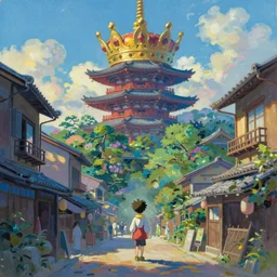 tiny lost king wearing a majestic crown in front of a japanese city with beautiful ryokans and edo era houses. cyberpunk. beautiful blue sky. gorgeous epic nature inside the city. lofi. vivid colors, amazing light, by jeremy lipkin, by claude monet, heavily inspired by makoto shinkai, inspired by ghibli, masterpiece, multiple brush strokes, impressionist style