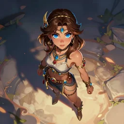 a beautiful fantasy girl, brown hair, bright blue eyes, lots of jewelry, full body in shot, epic lighting, vibrant colors and hard shadows and strong rim light, very coherent, digital art, trending on artstation, finely detailed features, ross tran, sam yang, character design, concept art