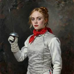 Elle Fanning with a red scarf around her neck dressed as a fencer in a fantasy setting, dreamscape, dramatic lighting, oil painting, Rembrandt