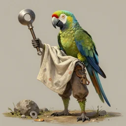 sentient sapient tool wielding cloth wearing parrot, speculative evolution epic fantasy illustration