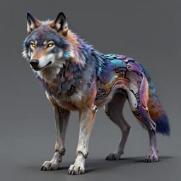 a digital painting of a cyborg wolf multicolour. intricate, unreal engine, by greg rutkowski.