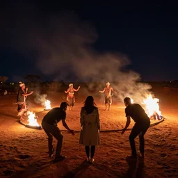 atmospheric long exposure night photograph of three ravers, two men, one woman, woman is in a trenchcoat, blessing the soil at night, people facing fire circle, two aboriginal elders, dancefloor kismet, diverse costumes, clean composition, starlight bokeh, desert transition area, bonfire, atmospheric night, australian desert, symmetry, sony a 7 r