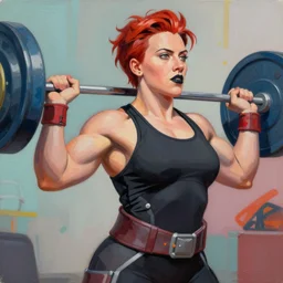 greg manchess portrait of scarlett johansson as thick very muscular gothic weightlifter zarya from overwatch with short red hair and black lipstick, fantasy medium shot, asymmetrical, profile picture, organic painting, sunny day, matte painting, bold shapes, hard edges, street art, trending on artstation, by huang guangjian and gil elvgren and sachin teng