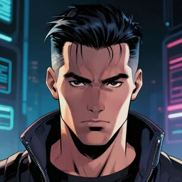 a cyberpunk italian man with slicked back hair, in a cyberpunk setting, comic book art, cyberpunk, art by stan lee, pen drawing, inked, colorful, bright high tech lights, dark, moody, dramatic, deep shadows, marvel comics, dc comics
