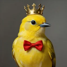 an elegant yellow bird wearing a crown and a red bow tie in the style of salvador dali, very very beautiful, impressionism, high quality, detailed, 4k