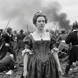 a potrait of queen of europe in the middle of bloody battlefield, taken in 1 8 7 0, black and white, kodak