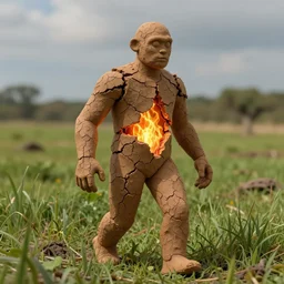 A clay humanoid golem exiting a swamp and walking onto a green meadow. His clay exterior beginning to crack off revealing a flame like interior.
