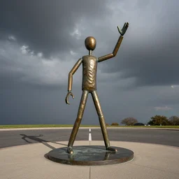 high resolution photograph of a bronze cast stick figure sculpture in a roundabout