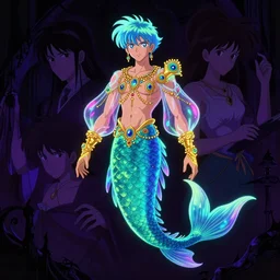professionally painted gothic blacklight neon picture of a colorful anime celestial merman with a fish body, wearing an elegant peacock shirt top with transparent bubble sleeves, golden gloves, and golden jewelry and gems everywhere, art by yuji ikehata and satoshi kon, background art by miyazaki, proper human proportions, full body shot
