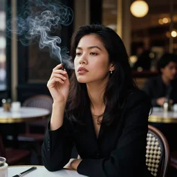 A Filipino woman smoking outside a fancy restaurant, street photography, by Saul Leiter, Jamel Shabazz, Nan Goldin