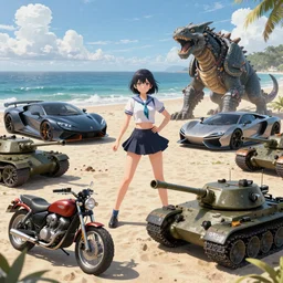 voluptuous Waifu battling creatures with tanks, motorcycles, and advanced technology, in a beachfront environment, luxury concept cars in background, beautiful aesthetic, photorealistic, hyperrealistic, octane render, HDR, IG Studios Anime Style