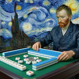 van gogh plays mahjong in chengdu, highly detailed