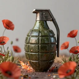 a grenade exploding out poppies, ultra realist and ultra intricate detailed, sensual gloomy style, volumetric lighting, artstation, unreal render, depth of field