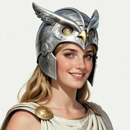 the greek goddess athena smiling, silver owl helmet, by brian azzarello, illustration, magazine cover