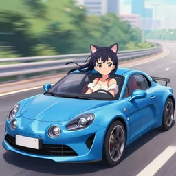 3 d photo of an anime girl with cat ears and long hair looking to her side, racing down a tokyo highway in the drivers seat of an alpine a 1 1 0, bokeh, shader, anime art style, highly detailed, cel - shaded, colorful, animated, trending