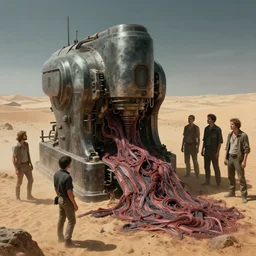 concept for fundus machine necrotized by slabs in dystopian desert, by shigeru komatsuzaki, wayne d barlowe, alex ross, enric torres, simon bisley & boris vallejo, hyper realism, cinematical, narrative light, muted colors, epic, hyper detailed, awe inspiring, award winning horror,