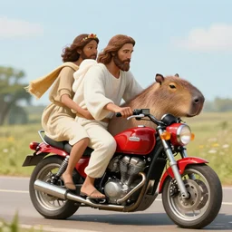 epic image of jesus christ and capybara riding a red motorcycle together