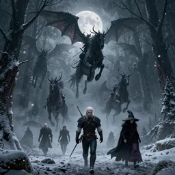 the wild hunt, wraiths riding in the sky, mythical creatures in undead nightmare, bad omen, aflutter enchanted forest, fearless witchers pursuing, blizzard storm, fog, full moon, snowy environment, in the style of the witcher series, hyperrealism, atmospheric, cinematic, breathtaking, award winning, groundbreaking, octane render, unreal 5, intricate digital art, sharp focus, 8 k