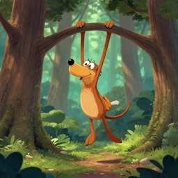 the marsupilami having fun in the forest, hanging, long tail, cartoon character, photo realistic, highly detailed