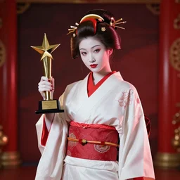 beautiful albino maiko in a hakama, photograph, award wining, red and white, trending on artstation, punk attitude, 4k, unreal engine 5, octane render, neon highlights