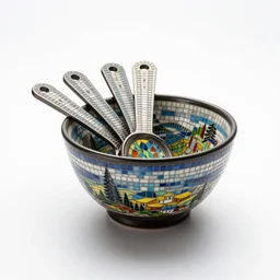 mosaic measuring cups, commercial catalog photo, isolated on a pure white background, centered, entire object in frame, sharp focus, soft studio lighting
