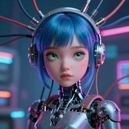 Cute cyborg girl , surrounded by cables , illustrated by Greg Rutkowski and H.R. Giger and Moebius, 35mm lens, beautiful macro close-up imagery, vibrantly lush neon lighting, beautiful volumetric-lighting-style atmosphere, a futuristic atmosphere, intricate, ultra detailed, photorealistic imagery, trending on artstation, 4k, 8k