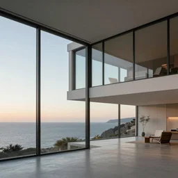 Modern house interior with big windows at dawn, Located on a cliff view to the sea minimalistic epic architecture coherent high detail