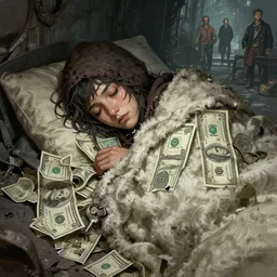 character concept art of a hobo sleeping in a blanket of dollar bills, key visual, realistic shaded perfect face, fine details, dystopian environment and background, by stanley artgerm lau, wlop, rossdraws, james jean, andrei riabovitchev, marc simonetti, and sakimichan, trending on artstation in disco elysium