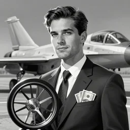 man suit price wheel, money, dollars bills in pocket, cartoon, illustration , caricature, b&w, jet fighter background