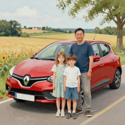 family standing in front of a red Renault Clio, countryside, painting