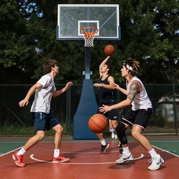hipsters stumbling while attempting to play basketball, HD photograph