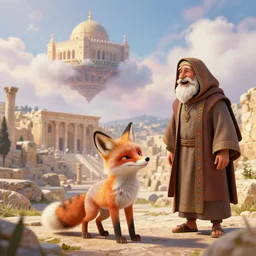 a adorable small fox in the huge ruins of the second temple in jerusalem in the distance. the third temple hovers quietly hiding in the dreamy clouds above. a hooded bearded old man in a brown tunic laughing, colorful 8 k, art station, intricate superb details, digital art, cinematic, bokeh dof sky, by stalenhag.