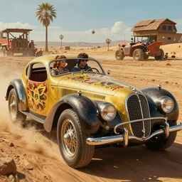 moebius painting, the incal, maserati tipo 1 5 1, hyper real render, highly detailed, ornate, octane, cinematic, driver rider, mad max fury road