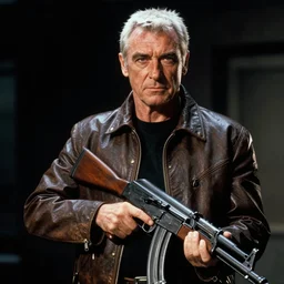 sean connery as big boss holding an ak - 4 7, metal gear 2, 1 9 9 0, white hair, medium shot, dark atmosphere, movie still
