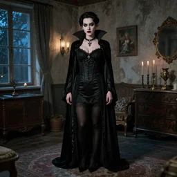 cobie smulders posing as a vampire in gothic clothing in a rustic apartment during night