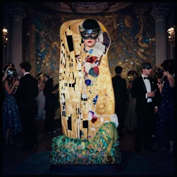 lomography, full body portrait photo of reol in a castle ballroom interior at a crowded masquerade party wearing an ornate dress designed by gustav klimt, moody, realistic, dark, skin tinted a warm tone, light blue filter, hdr, rounded eyes, detailed facial features, very dark,