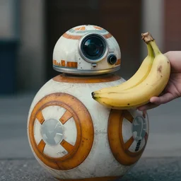A photo of BB-8 standing outside and handing out banans. sigma lens. t/2.8, shutter speed 1/600 . Iso 2500. Cinematic lighting. Award winning photo by alberto ghizzi panizza. National geographic