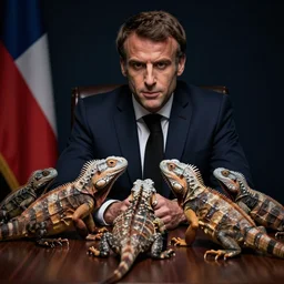 Emmanuel Macron having a meeting with reptiles, reptiles, reptiles, reptiles, dramatic lighting, dark image, photography, masterpiece