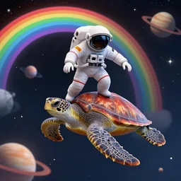 an astronaut surfing on a sea turtle over a rainbow past planets in space, digital art, artstation, 4k
