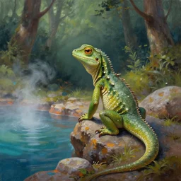 upright anthro lizard finding a colorful hotspring deep in forest, oil painting, highly detailed, medieval fantasy, featured on artstation