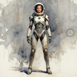 woman, full body, wide shot, modern space suit, intriguing helmet, very stylized character design, the expanse tv series, large shoulders, short torso, long thin legs, tiny feet, science fiction, hyperdetailed, technical suit, dieselpunk, watercolor digital painting, in the style of mike mignola, in the style of bruce timm, by alex maleev